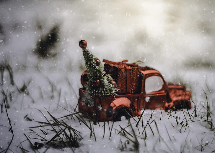 toys, car, snow, Christmas, HD wallpaper