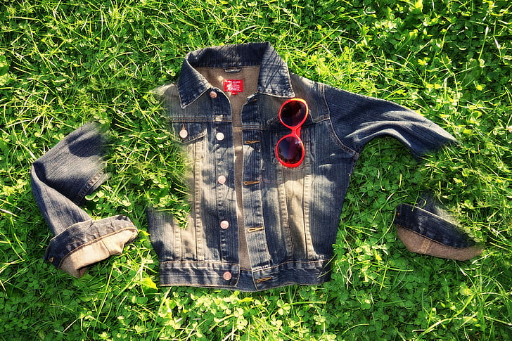 повседневная, одежда, джинсовая ткань, джинсовая куртка, одежда, трава, куртка, еще, солнцезащитные очки, гардероб, одежда, женщина, HD обои