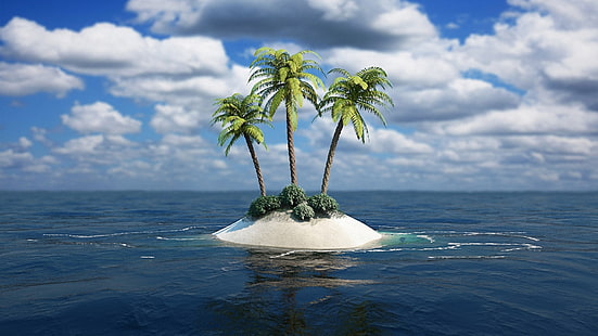 Samotna wyspa, trzy palmy na wyspie, samotna, wyspa, trzy, palmy, drzewa, Tapety HD HD wallpaper