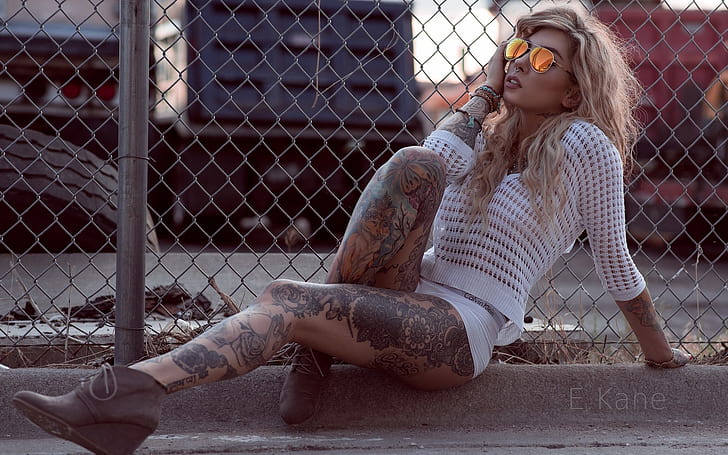 women, model, long hair, blonde, glasses, women with glasses, tattoo, white clothing, touching face, touching glasses, pierced septum, septum ring, see-through clothing, panties, white panties, women outdoors, sitting, natural light, bracelets, earring, jewelry, young woman, skinny, HD wallpaper