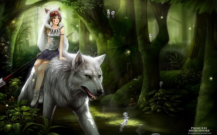 Fondo de pantalla digital de la princesa Mononoke, lobo, princesa Mononoke, bosque, chica de fantasía, arte de fantasía, anime, chicas de anime, Fondo de pantalla HD