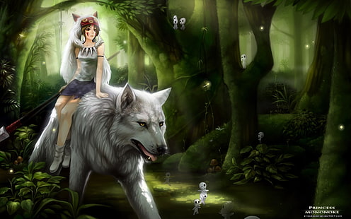 Princesa Mononoke papel de parede digital, lobo, princesa Mononoke, floresta, menina fantasia, arte da fantasia, anime, anime meninas, HD papel de parede HD wallpaper