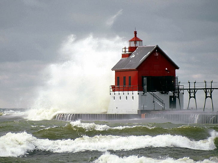 Lighthouse, sea, storm, waves, HD wallpaper