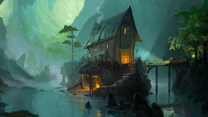 brown house on cliff illustration, oil painting, artwork, house, fantasy art, digital art, architecture, building, painting, nature, mist, mountains, trees, bridge, car, lights, river, stairs, HD wallpaper