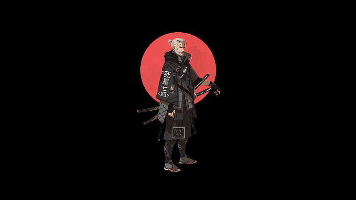 The Witcher, personajes japoneses, katana, Geralt de Rivia, estética, fondo negro, minimalismo, Fondo de pantalla HD