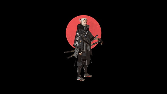 Wiedźmin, japońskie postacie, katana, Geralt z Rivii, estetyka, czarne tło, minimalizm, Tapety HD HD wallpaper