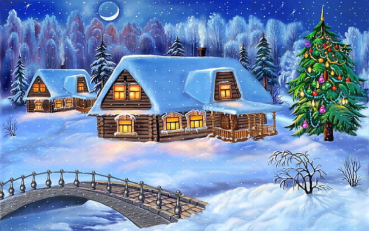 Happy New Year Christmas Tree Winter Village Houses Wooden Bridge Snow Tree Snow Hd Wallpaper 3840×2400, HD wallpaper