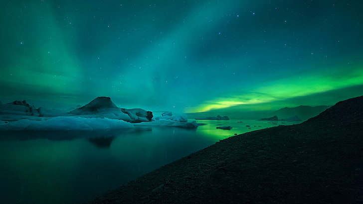 aurora borealis, landscape, mountains, night, lake, aurorae, reflection, stars, ice, HD wallpaper