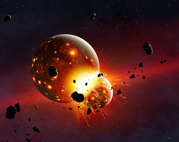 fire, planets, collision, HD wallpaper