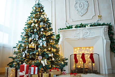 Празник, Коледа, коледни орнаменти, коледно дърво, камина, подарък, HD тапет HD wallpaper