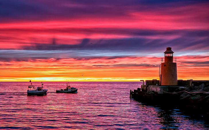 meer, himmel, boot, leuchtturm, wolken, horizont, HD-Hintergrundbild