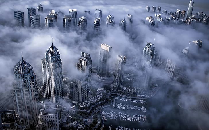 мъгла, Дубай, небостъргачи, ОАЕ, HD тапет