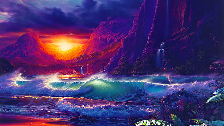 Sunset Orange Sky Dark Cloud Sea Waves Of The Sea, Rocky Mountains Art Hd Wallpaper, HD wallpaper