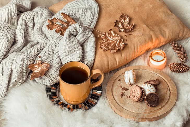 autumn, leaves, wool, sweater, coffee cup, macaroons, a Cup of coffee, macaroon, HD wallpaper
