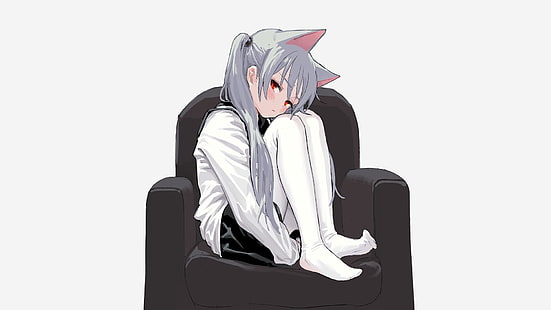 anime, manga, anime girls, fond simple, nekomimi, cheveux argentés, cheveux gris, cheveux gris, sombre, Fond d'écran HD HD wallpaper