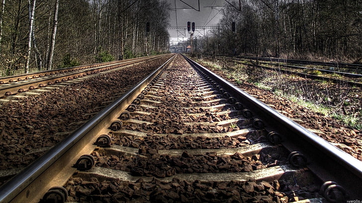 cadre en métal gris et noir, chemin de fer, paysage, Fond d'écran HD