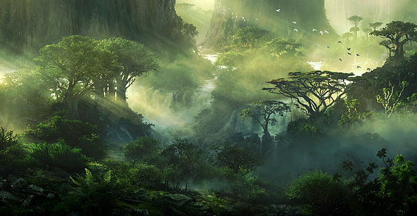Fantasi, Lansekap, Hutan, Hijau, Pohon, Wallpaper HD HD wallpaper