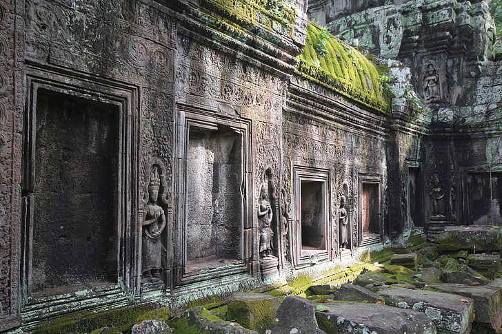 знаменитая достопримечательность храма, сиемреап, ангкор ват, храм, индуизм, огни, статуя, серый, зеленый, древние, HD обои