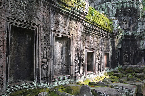 słynny punkt orientacyjny świątyni, Siem Reap, Angkor Wat, świątynia, hinduizm, światła, posąg, szary, zielony, starożytny, Tapety HD HD wallpaper