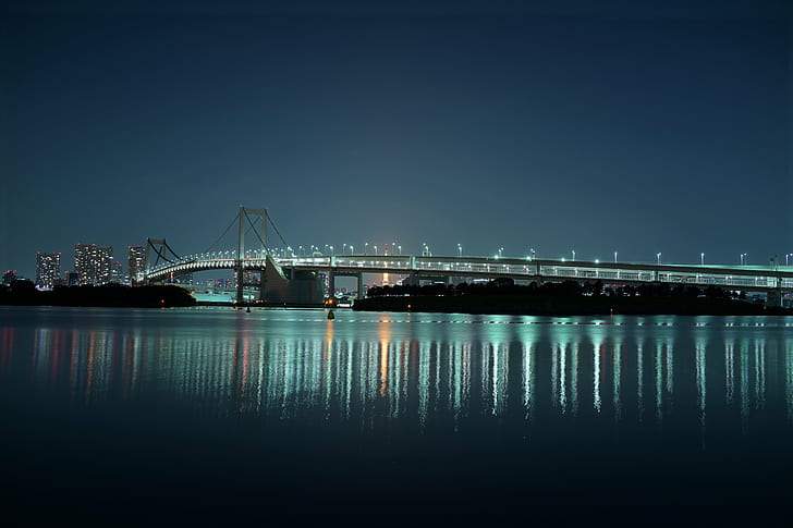 foto jembatan golden gate, jembatan golden gate, foto, 35mm, odaiba, jembatan pelangi, sony, tokyo, ソ ニ, フ, 東京, arsitektur, jembatan - Struktur Buatan Manusia, malam, sungai, Tempat terkenal, pemandangan kota, pemandangan perkotaan, air, Wallpaper HD