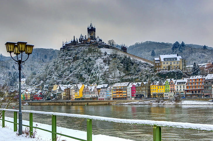 Германия, замък, Германия, замък, крепост, зима, къща, река, Кохем, Бург, сняг, светлини, HD тапет