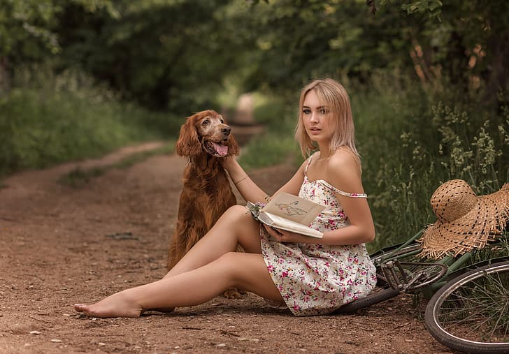 ฤดูร้อน หญ้า สาว ธรรมชาติ จักรยาน สัตว์ หมา หมวก เท้าเปล่า แต่งหน้า แต่งตัว สีบลอนด์ ลู่ หนังสือ สายรัด ไหล่ Victoria Dubrovskaya, วอลล์เปเปอร์ HD