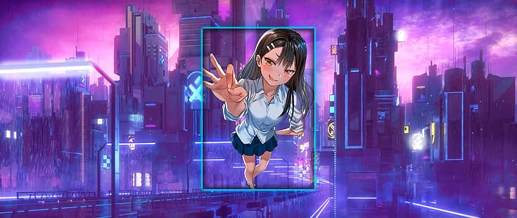 Nagatoro Hayase, киберпънк, кибер, лилав фон, аниме момичета, ултраширок, видео игри, компютърни игри, HD тапет HD wallpaper