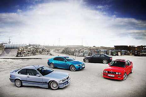 cuatro vehículos de colores variados, BMW, E92, E46, E30, E36, Fondo de pantalla HD HD wallpaper