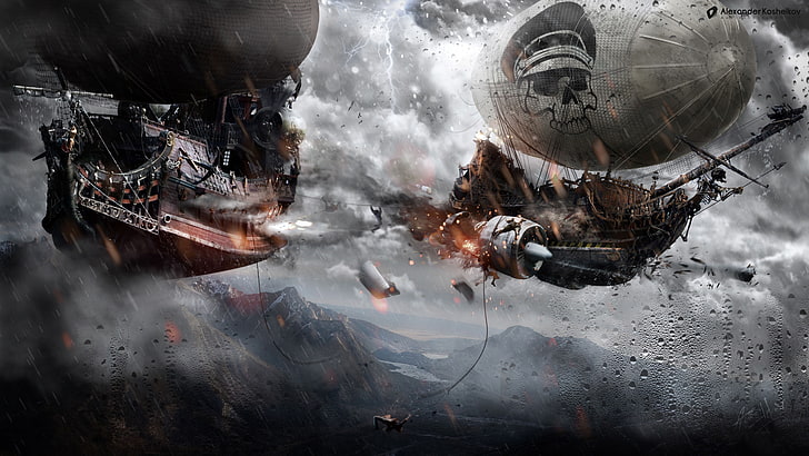 two brown-and-black airships digital wallpaper, artwork, fantasy art, digital art, steampunk, ship, battle, sky, pirates, airships, Alexander Koshelkov, HD wallpaper