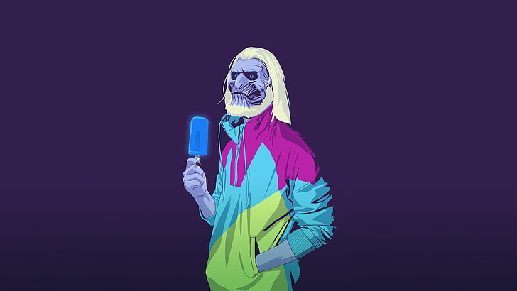 monster holding popsicle illustration, person holding ice cream, Game of Thrones, minimalism, The Others, zombies, digital art, cyan, neon, purple, purple background, hair white, Sfondo HD