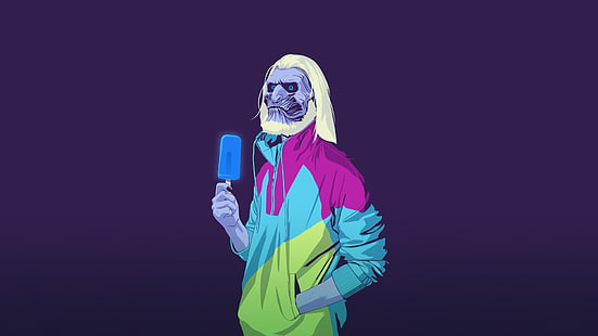 чудовище, държещо илюстрация от попсикул, човек, държащ сладолед, игра на тронове, минимализъм, другите, зомбита, дигитално изкуство, циан, неон, лилав, лилав фон, бяла коса, HD тапет HD wallpaper