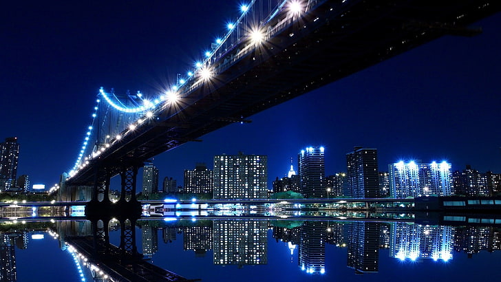 градски пейзаж, мост, светлини, отражение, HD тапет