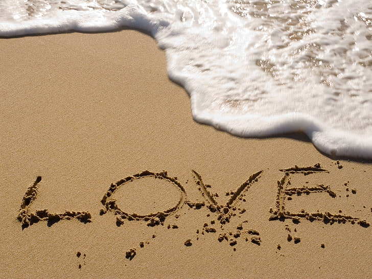 Love signage, plaża, morska piana, piasek, miłość, Tapety HD