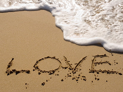 Love signage, beach, sea foam, sand, love, HD wallpaper HD wallpaper