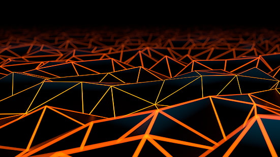 black and orange surface, digital art, geometry, texture, black, dark, triangle, abstract, material style, HD wallpaper HD wallpaper
