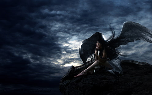 тъмен ангел тапет, небето, момиче, скала, крила, ангел, HD тапет HD wallpaper