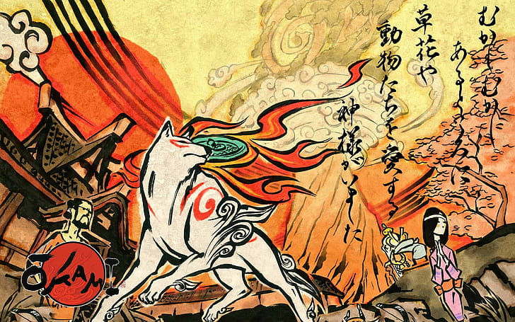 илюстрация на бял и сив вълк, Оками, HD тапет