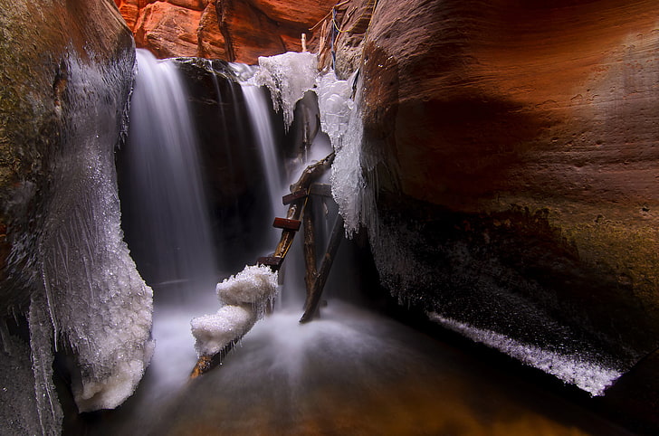 ice, icicles, ladder, cave, Utah, USА, Kanarraville, HD wallpaper