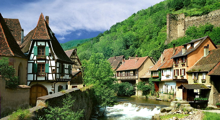 Kaysersberg, Prancis, banyak rumah bata, Eropa, Perancis, pedesaan, kaysersberg, rumah, perjalanan, Wallpaper HD