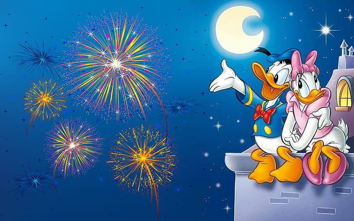 Donald Duck And Daisy Duck Romantic Evening Watching The Full Moon Fireworks Hd Wallpapers For Mobile Phones Tablet And Laptop 1920×1200, HD wallpaper
