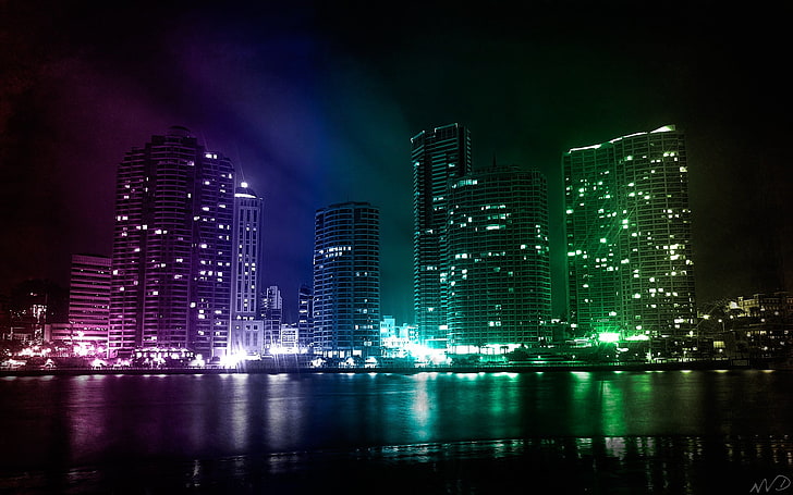 الملونة ، المدينة ، الأضواء ، سيتي سكيب ، الليل، خلفية HD