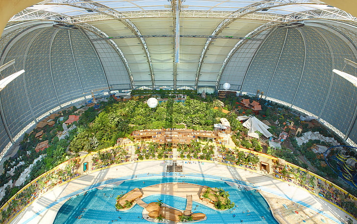 Cúpula interior del edificio, Alemania, parque acuático, Tropical Islands Resort, Fondo de pantalla HD