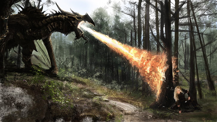Dragón escupiendo fuego a través de una mujer escondida en un árbol de papel tapiz digital, The Elder Scrolls V: Skyrim, videojuegos, dragón, arte de fantasía, Fondo de pantalla HD