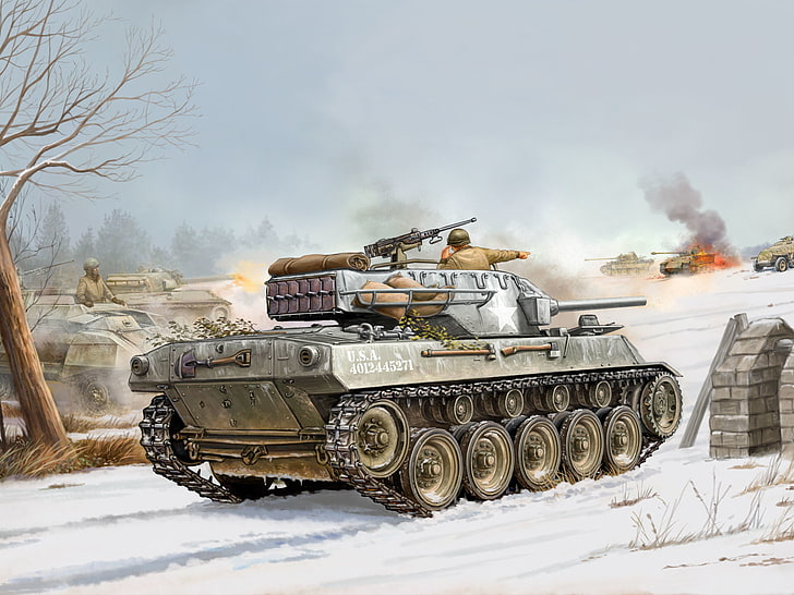 gray battle tank illustration, figure, fighter, art, gun, USA, installation, self-propelled, artillery, SAU, Hellcat, WW2., tanks, M18, reduced, armour, The Hellcat are wasted, 76 mm, protection, mobility, high, HD wallpaper