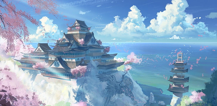 ilustrasi kuil dan pagoda, anime, arsitektur Asia, seni digital, Wallpaper HD