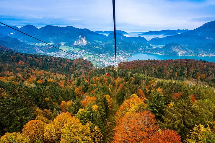 канатная дорога, вид сверху, деревья, горы, осень, HD обои