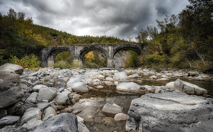 bridge, river, Emilia-Romagna, Gabriellini, Bardi, HD wallpaper