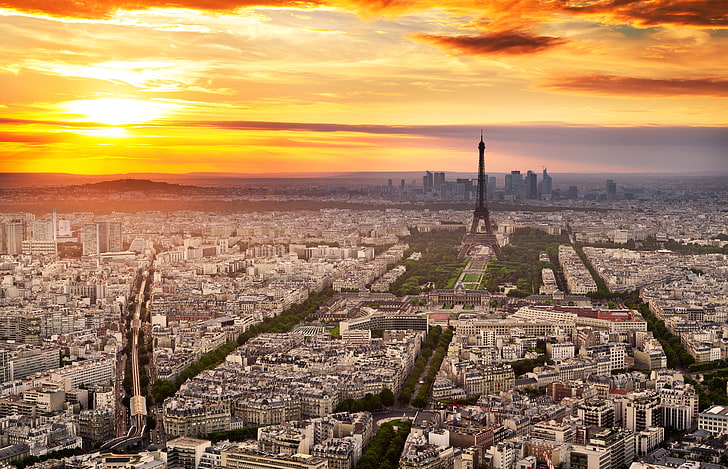 aerial view of Paris, the sky, clouds, sunset, the city, Eiffel tower, Paris, France, HD wallpaper