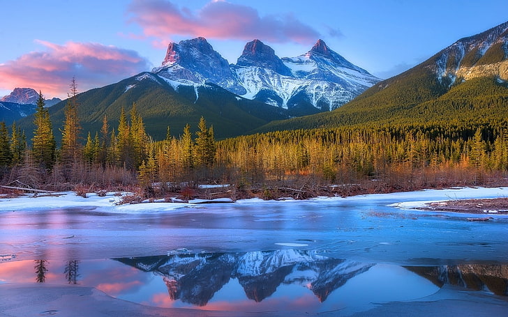 Natur, Landschaft, Frost, Berge, Wald, Sonnenuntergang, Kanada, Fluss, Wolken, schneebedeckte Spitze, Reflexion, Bäume, HD-Hintergrundbild