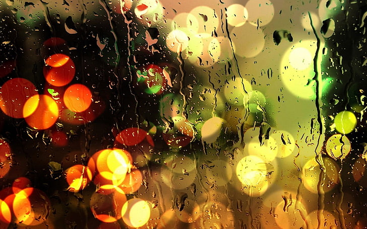 water drops, rain, water drops, colorful, lights, HD wallpaper